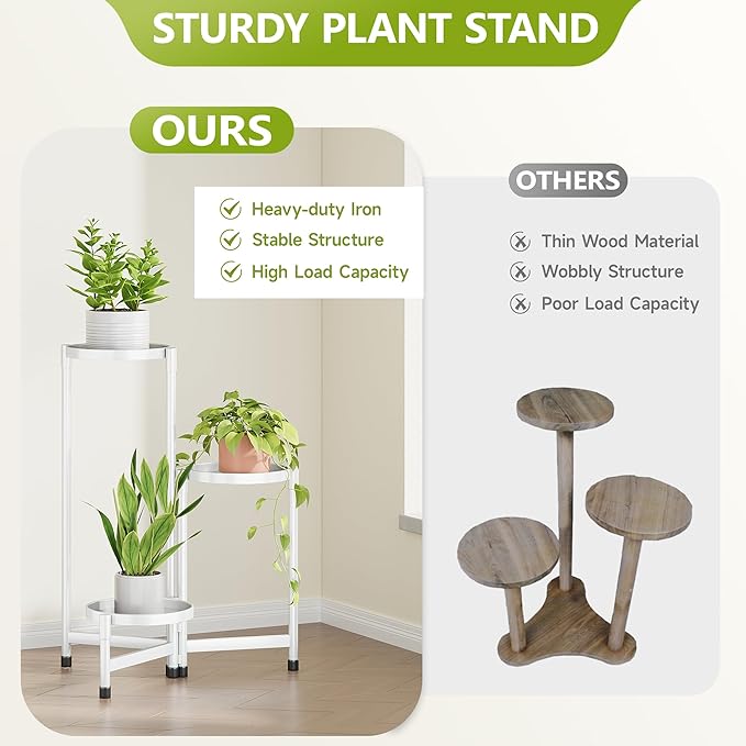 3 Tier Metal Plant Stand Indoor, Rotatable Corner Plant Shelf Outdoor, Tiered Flower Pot Display Stand, Multiple Plants Holder for Patio Living Room Balcony Garden Home Decor - White