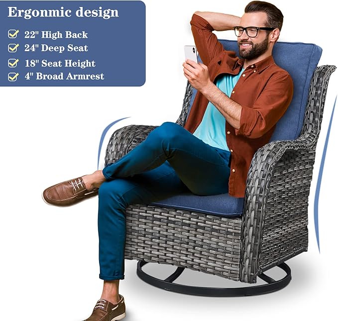Wicker Patio Furniture Sets - 13 Piece Outdoor Rattan Furniture Conversation Sets with 4 Swivel Rocker Chairs, 2 Rattan Sofas, Wicker Ottomans and Coffee Table, Mixed Grey/Blue