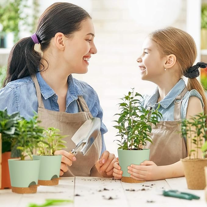 4 inch Self Watering Pots for Indoor Outdoor Plants, 6 Pack Plastic Flower Planters with Drainage Holes and Removable Saucers, Plant Pots with Wicking Rope, Modern Decor, Green Brown