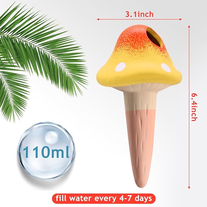 4 Pack Terracotta Watering Spikes, Vacation Self-Watering Planters Devices, Continuous Moisture with Slow Release Watering System Mushroom Shape