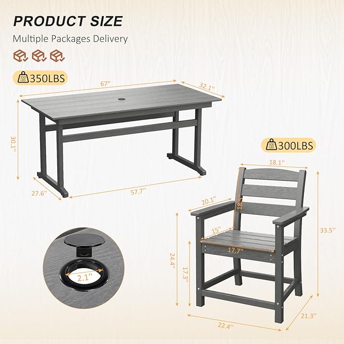 7pcs Outdoor Dining Set, HDPE Patio Dining Set for 6, All-Weather Outdoor Table and Chairs with Umbrella Hole & Adjustable Pads, Modern Patio Furniture Set for Backyard, Poolside &Lawn (Grey)