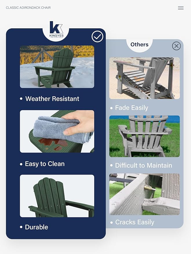 KINGYES HDPE Adirondack Chair Set of 2, Classic All-Weather Adirondack Chair, Green