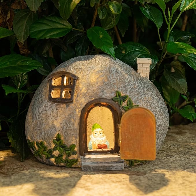 mopha Garden House Statues, Funny Gnomes Fairy Garden Lights Figurine,Mini Gnome Resin Solar Powered Outdoor Decor Patio Yard Lawn Ornament Decoration