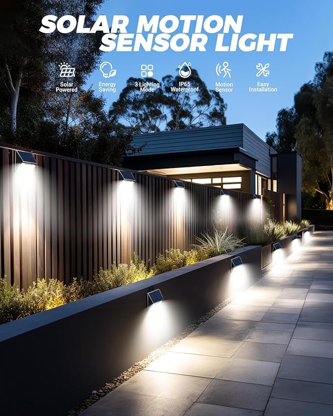 4 Pack Solar Motion Lights Outdoor, Waterproof Fence Lights Solar Powered with 3 Lighting Mode, Cold White LED Step Light for Outside Wall Yard Deck Stairs Garden - Black