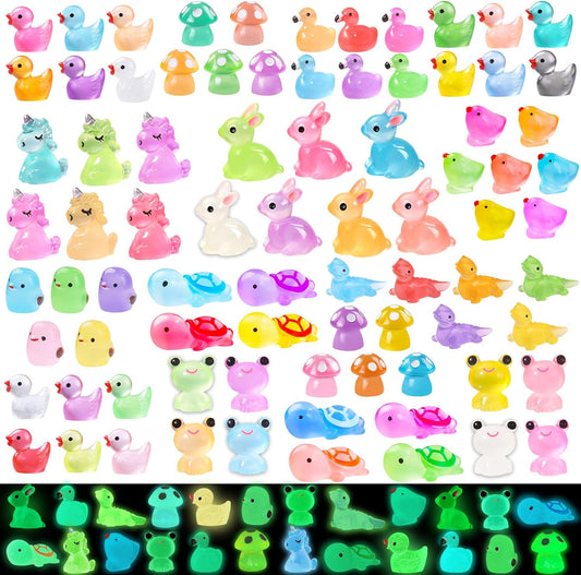 113pcs Luminous Mini Resin Animals, Glow in The Dark Miniature Resin Animal Figures Tiny Small Little Ducks Turtle Bulk for Dollhouse Micro Landscape Aquarium Fairy Garden DIY Decorations