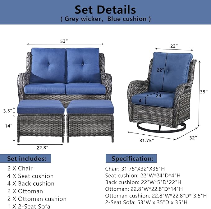 5 Piece Outdoor Patio Furniture Set - Wicker Furniture Patio Conversation Set, Outdoor Swivel Rocker Chairs with Loveseat Sofa and 2 Ottomans for Small Space, Blue Cushion