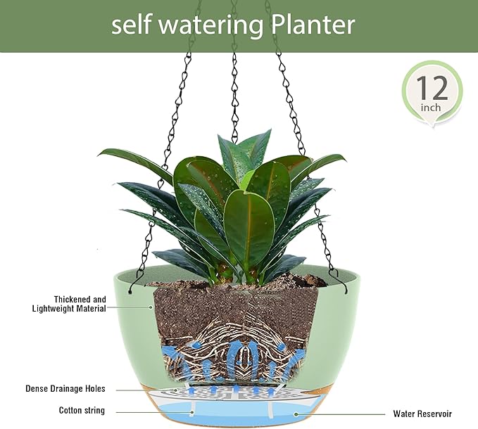 12 Inch Hanging Baskets 2 PC with Chains, Self-Watering Hanging Planters for Indoor Outdoor Plants, Plastic Hanging Flower Pots,Green Brown