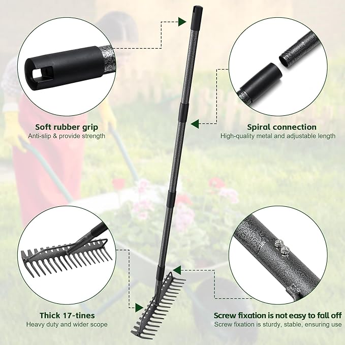 77'' Bow Rake ，17 Tines Metal Head Rakes with Stainless Steel Handle，Heavy Duty Garden Rake for Loosening Soil Gathering Leaf Leveling Lawn Farming Land Management Yarn Thatch Rake