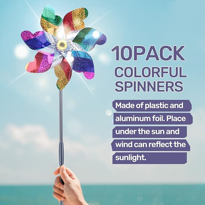 BATTIFE 10 Pack Sparkly Rainbow Pinwheels, Reflective Wind Spinner for Yard and Garden with Stakes, Decor Windmill to Scare Birds Away for Lawn and Patio