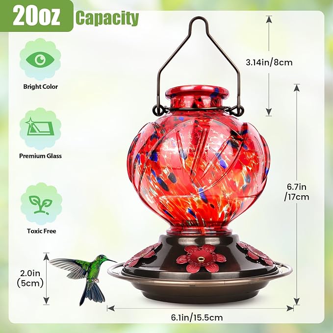 BOLITE Hummingbird Feeder, Hand Blown Glass Hummingbird Feeders for Outdoors Hanging, with Ant Moat and 5 Feeding Ports, 22 Ounces, Peony Flower Shape, Red, Gifts for Women Men, Gifts for Mom Dad