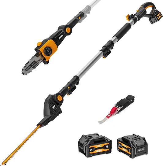 Alloyman 2-in-1 Telescoping Cordless Pole Hedge Trimmer 16-Inch and Pole Saw 8.6-Inch,with 2 Packs 4.0Ah Batteries & Charger,for Tree Trimming and Shrubs Pruning