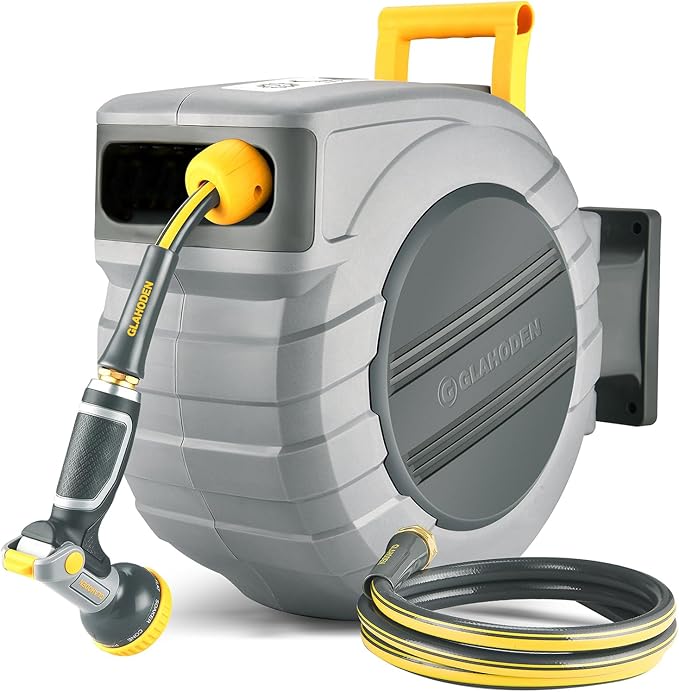 Retractable Garden Hose Reel 5/8 in x 65 ft, 2025 Upgraded Dual Ratchet Lock UV & Freeze Protection Brass Seal Slow Retraction Anti-Tangle Hose 180°Swivel Reinforced Scaffold Wall Mount