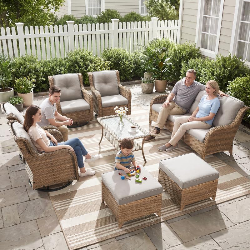 Outdoor Yellow Wicker Furniture Set of 5, Wicker Patio Conversation Sets - Image 7