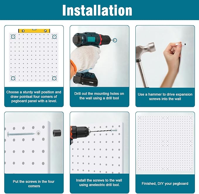 4 Pack Steel Peg Board,Universal 1/8 and 1/4 Pegboard Accessories,Ideal for Garage Tool Storage, Office Organization, Craft Room, Kitchen etc. (White, 4-12X12)