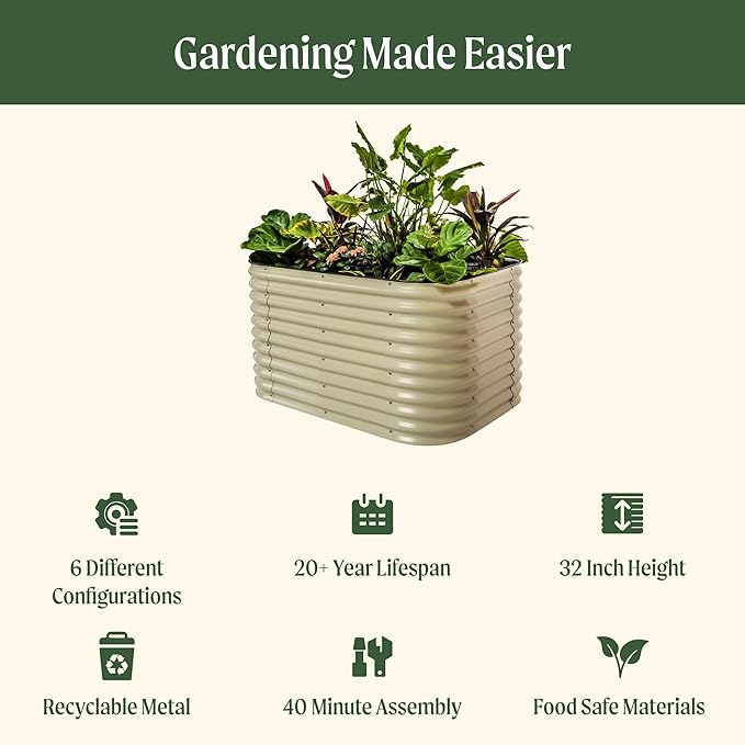 Vego garden 32" Extra Tall Raised Garden Bed Kits, 6 in 1 Modular Raised Planter Box for Vegetables Flowers Fruits Oval Metal Raised Garden Bed- Pearl White