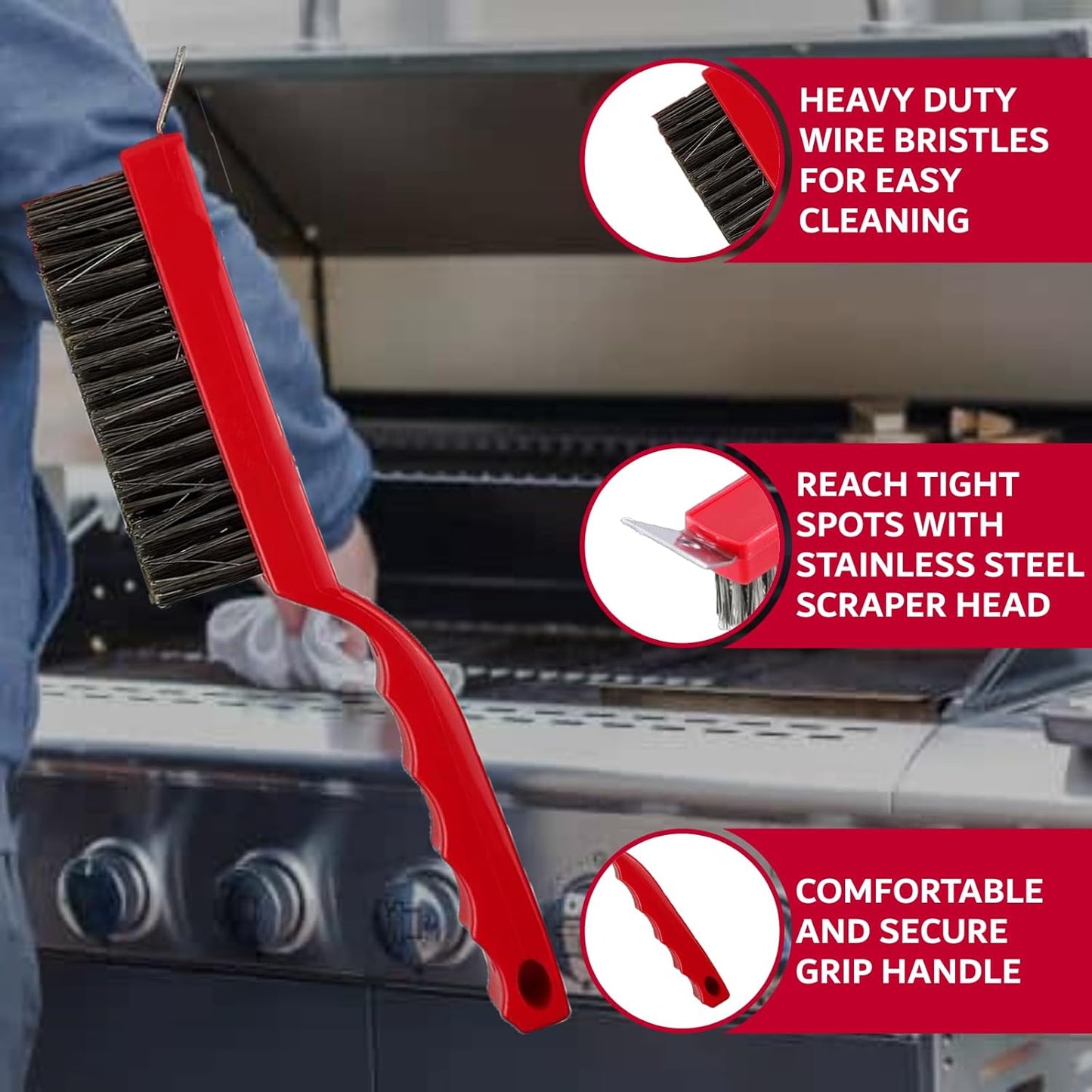 Chef Master Grill Brush & Scraper, Heavy Duty Plastic Handheld Grill Cleaning Brush, Scraper Head with Tough Wire Bristles Grill Brush for Grill Grates, Outdoor BBQ Grill & Grilling Accesories - 90044