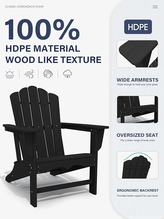 KINGYES HDPE Adirondack Chair, Classic All-Weather Adirondack Chair Set of 6, Black