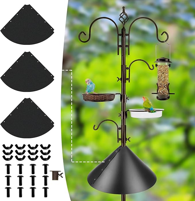 Bird Feeding Station Kit with Squirrel Baffle and Suet Cage Wild Bird Feeder Kit with Mesh Tray, Fruit Hook, and Double W Hook for Attracting Wild Birds