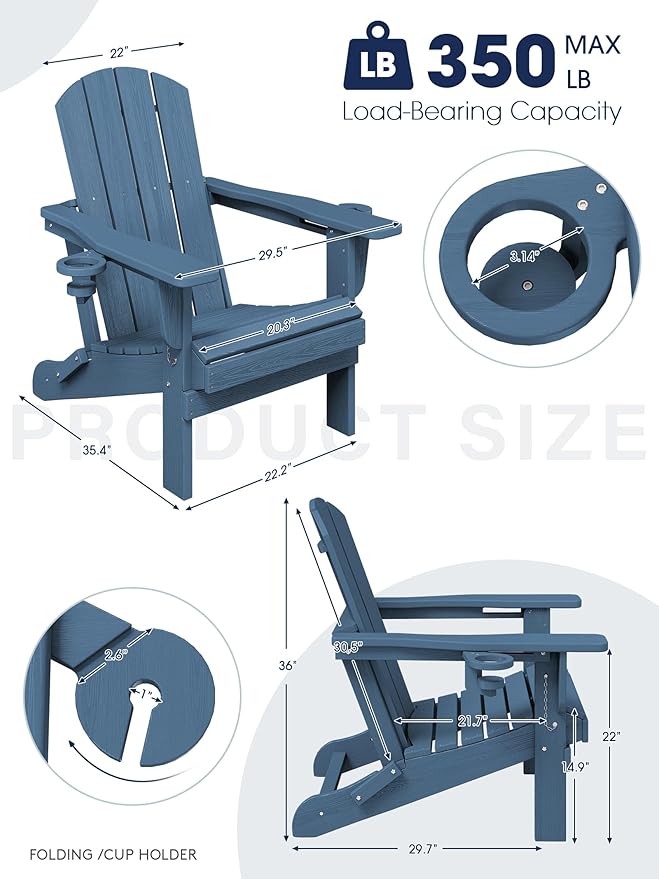 KINGYES Folding Adirondack Chair Set of 8, Dual Cup Holders & All-Weather HDPE, Wood-Like Patio Chair for Backyard, Camping, Pool & Fire Pit, Navy