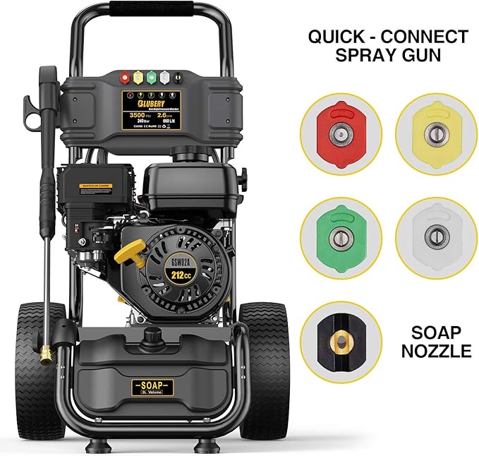 BLUBERY 3500 PSI Gas Pressure Washer, 2.6 GPM Heavy Duty High Power Washer, 30Ft Pressure Hose&Soap Tank,5 Pressure Nozzles,Black