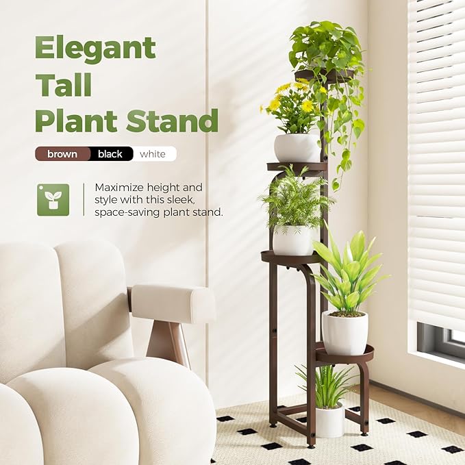 Bamworld Tall Plant Stand Indoor Outdoor, Corner Metal Flower Pot Stands for Multiple Plants, 4 Tier Brown Heavy Duty Plant Shelf for Patio Garden Balcony Living Room Bedroom