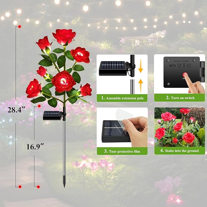 1 Pack Solar Garden Lights Outdoor, 7-Flower Rose Solar Lights for Yard, LED Solar Powered Stake Lights for Patio Pathway Lawn Fence Cemetery, Red
