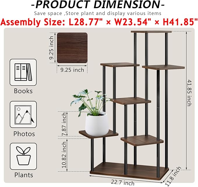 AZERPIAN Plant Stand 7 Tier Indoor Metal Flower Shelf for Multiple Plants Corner Tall Flower Holders for Patio Garden Living Room Balcony Bedroom, Black Oak