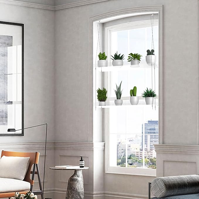 2-Tier Hanging Clear Plant Shelves for Windows, Acrylic Window Wall Plant Stand Shelf for Kitchen Indoor Gardens, Flower, Succulents, Herb, Seedling Organization, and Pots Display, 16 Inch per Tier
