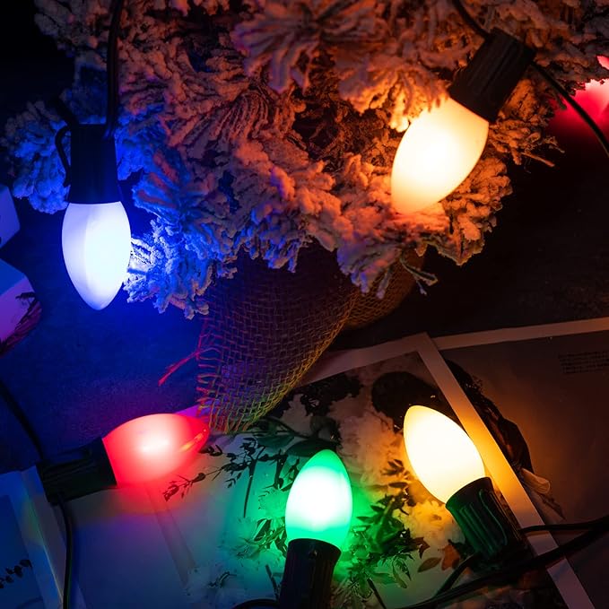 Multicolor C7 LED Christmas Lights Outdoor, 50FT Colorful Christmas String Lights with 50+2 Plastic Bulbs, Traditional Hanging Holiday Lights for Christmas Tree Patio Fence Roofline Xmas Decorations