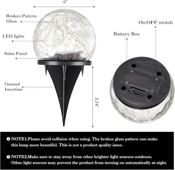 Honoson 6 Inch Solar Globe Lights Outdoor Waterproof, Solar Balls for Garden Cracked Glass Ball, Ground Landscape Garden Decor for Patio and Yard Lawn Backyard (4 Pieces)
