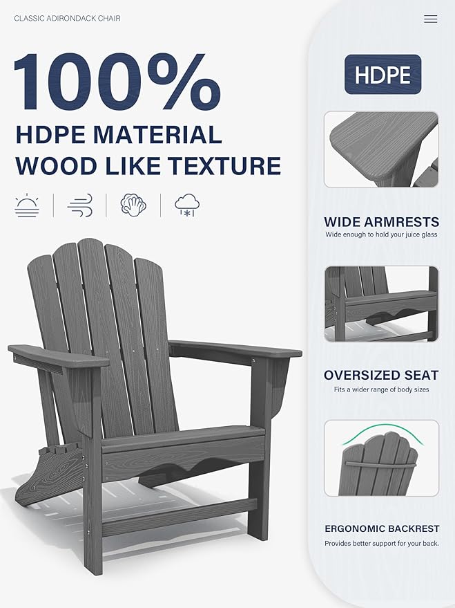 KINGYES HDPE Adirondack Chair Set of 2, Classic Oversize Adirondack Chair, Grey