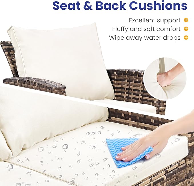 5 Piece Patio Furniture Set with 43" Propane Fire Pit Table, Outdoor Wicker Conversation Set, Rattan Modern Sectional Sofa Couch with Coffee Table for Backyard Porch Garden Poolside, Yellow-Beige