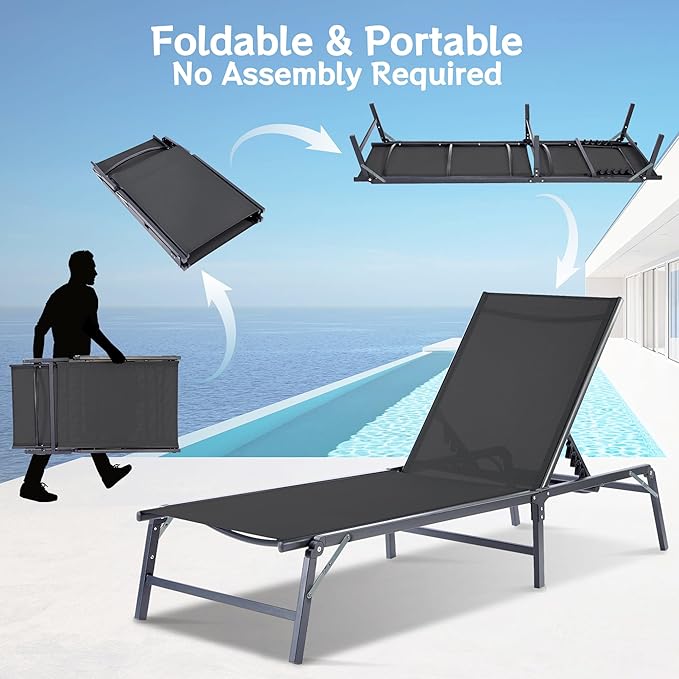 Outdoor Chaise Lounge Chair, Foldable & Assemble-Free, 6 Adjustable Positions, Durable Rust-Resistant Frame, Portable Outdoor Pool Lounge Chairs for Pool Patio Beach, Black