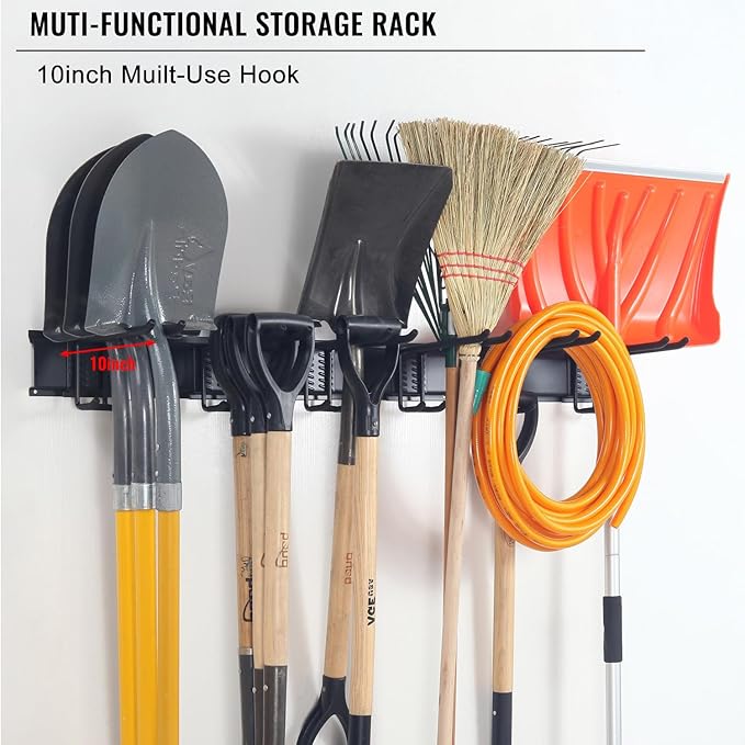 Wall Mount Tool Storage Rack, Heavy Duty Garage Storage Tool Organizer, Garden Tool Wall Hooks and Hangers, Hold Up to 350lbs Black