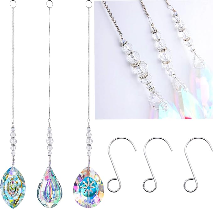 HDCRYSTALGIFTS Pack of 3 Crystal Suncatchers,AB Colored Sun Catchers with Crystals for Window Hanging Rainbow Maker Prisms Suncatchers Indoor Outdoor Decorations Ornaments