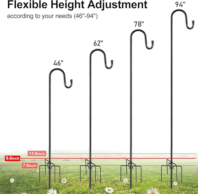 Bird Feeder Pole, 94 Inch & 5/8 Inch Diameter Stainless Steel Heavy Duty Shepherds Hooks for Outdoor to Hang Outdoor Lights with 5 Prongs Base, Rustproof for Garden Decor or Wedding Decors(Black)