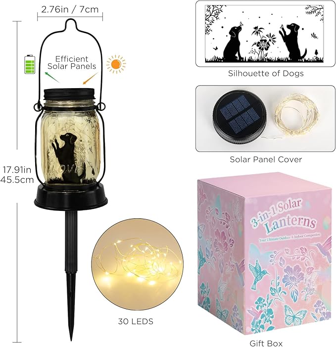 Kyoryuger Dog Solar Lanterns 3in1 Dog Light Garden Decor Gifts for Women Mom Grandma Unique Teen Girl Gifts Christmas Gifts for Dog Lovers Decorative Pet Memory Lanterns for Yard Lawn Patio 2 Pack