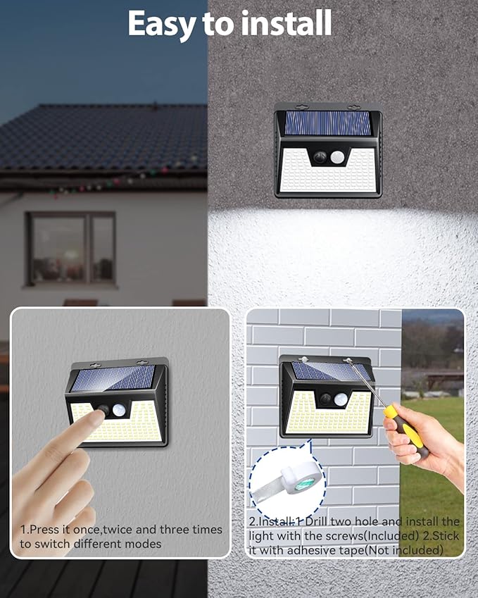 Peasur 2 Pack Solar Lights Outdoor Motion Sensor, 140 LED Solar Powered Fence Wall Light Waterproof, 3 Modes Solar Security Lighting for Outside Yard Deck Garden Stair Step