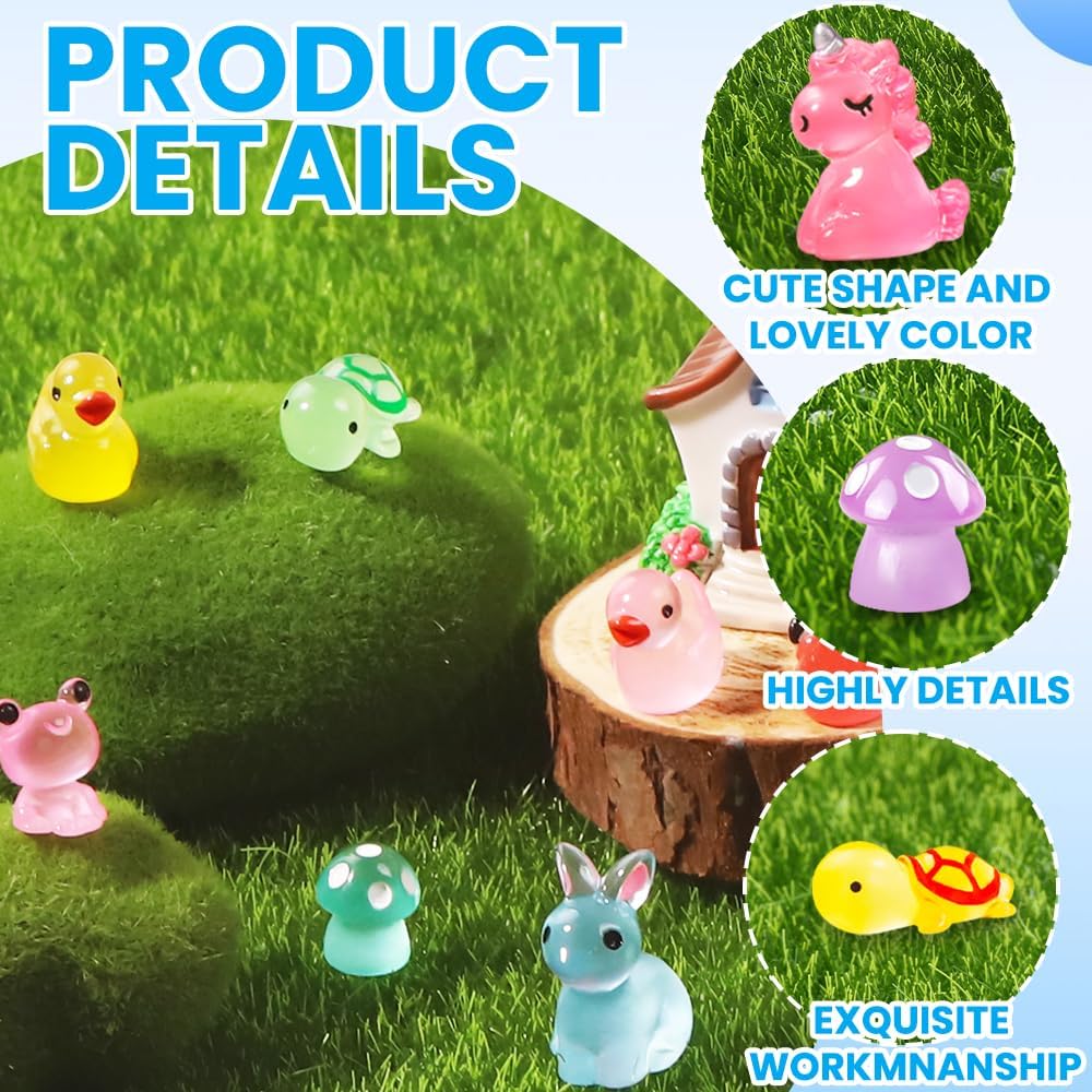 113pcs Luminous Mini Resin Animals, Glow in The Dark Miniature Resin Animal Figures Tiny Small Little Ducks Turtle Bulk for Dollhouse Micro Landscape Aquarium Fairy Garden DIY Decorations