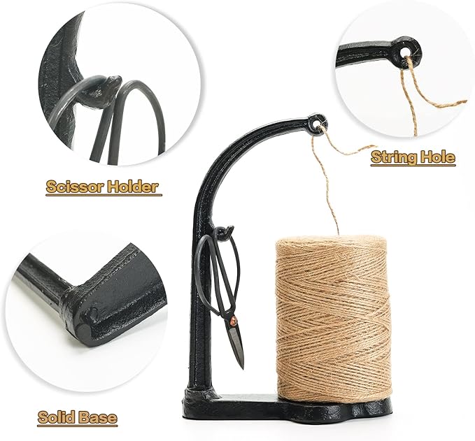 Sungmor Cast Iron Garden Twine Holder Set - 1300ft. Natural Jute Twine String & Rope Rack & Scissors - Decorative & Practical Home Arts Crafts Tools for Picture Display Gift Wrapping Packing Gardening