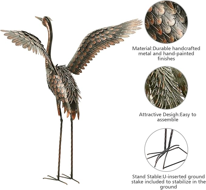 chisheen Garden Statue Outdoor Metal Heron Crane Yard Art Sculpture for Lawn Patio Backyard Decoration,46 inch (2-Pack)