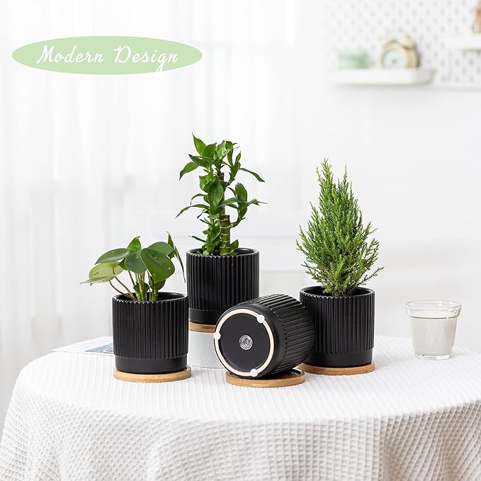 AOMRYOM 4.25 Inch Small Garden Ceramic Plant Pots with Drainage Holes and Tray, Modern Flower Planter Pots for Indoor Plants, Succulent, Cactus and Herbs, Black Stripe, Set of 4 (Plant Not Included)