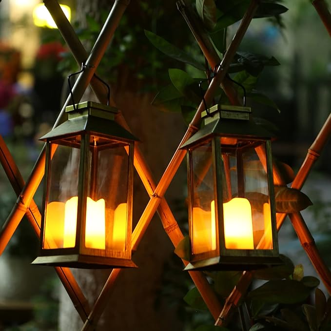 2 Pack Solar Lanterns, Outdoor Garden Hanging Lanterns, LED Flickering Flameless Candle Mission Lights for Yard,Table,Patio(Bronze)