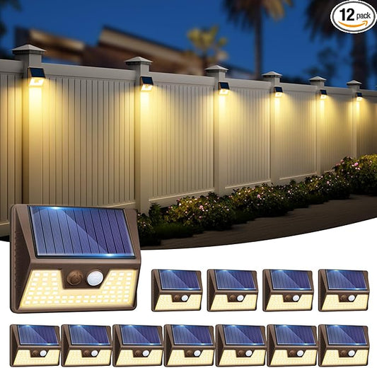 12 Pack Solar Motion Lights for Outside, Waterproof Fence Lights Outdoor, Warm White LED Wall Lights Wireless for Yard Steps Stairs Garden - Brown