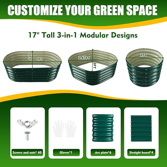 17" Tall Elevated Oval Metal Raised Garden Bed - 4ft x 2ft in Size and 0.8MM Thick Durable Planter Bed/Box for Vegetables Flowers Succulent at Patio/Garden Outdoor (Dark Green, 4X2X1.4 FT)