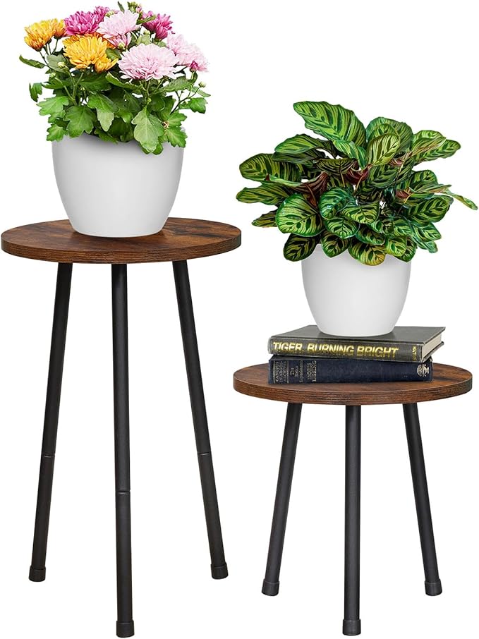 2 Pack Indoor Plant Stand, Mid-Century Wooden Style Plant Holder, Indoor Outdoor Flower Stand,Small Round Table, Two Different Sizes(Black)