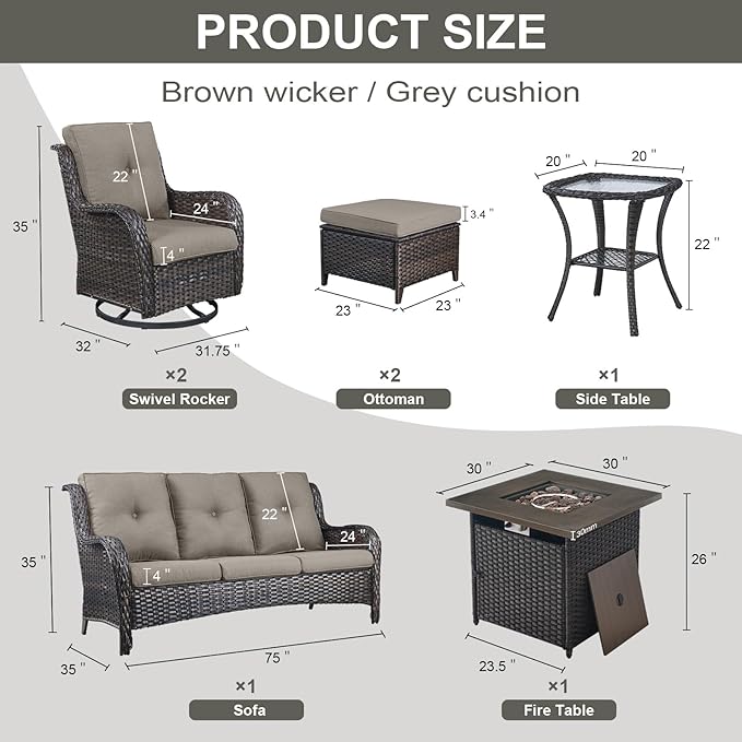 Outdoor Patio Furniture Set with Propane Fire Pit Table, 7 Pieces Wicker Patio Conversation Set with 2 Swivel Glider Rocker Chair Rattan Sofa Grey Cushion Perfect for Casual Gathering