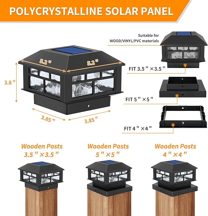 Solar Lights Outdoor, 20LM Fence Lights, Waterproof, 2 Light Modes, Fit 3.5x3.5in & 4x4in Wooden Posts, Solar Power Deck Lights for Garden Deck Patio Decoration (Black 8Pack)
