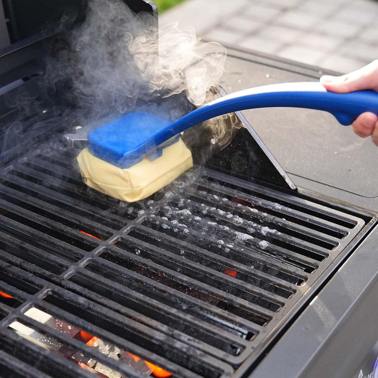 Blue Grill Brush Bristle Free, Replaceable BBQ Cleaning Head Accessories Cleaner, Yellow Wavy Pad Perfect for Stainless Steel, Porcelain, Cast Iron Grates Round Rectangle Grates