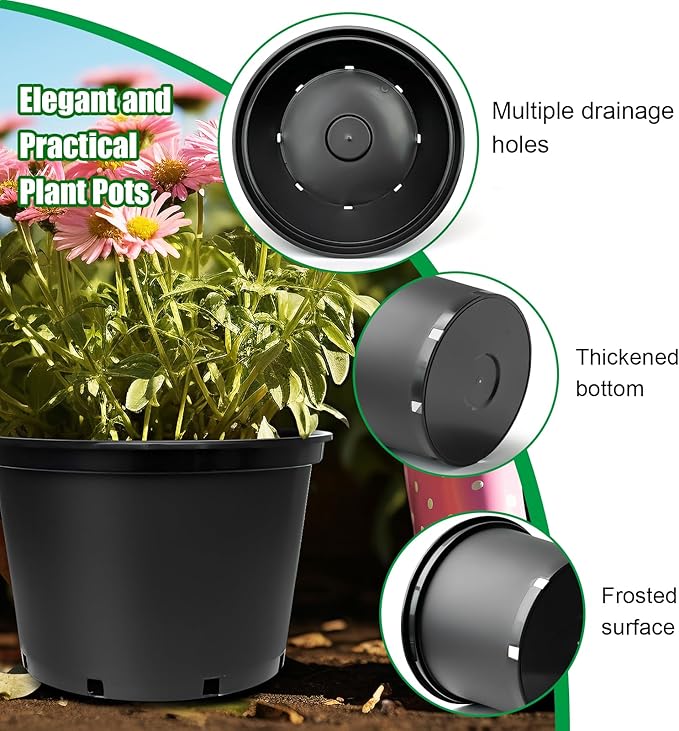 7 Gallon Plastic Nursery Pots, 15 Inch Large Plastic Pots for Plants, Round Plant Pots with Drainage Holes, Flower Pots for Outdoor Indoor Plants (5-Pack, Black)